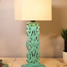 Homesake White & Green Sculptural Hand Carved Wood Table Lamp with Khadi Shade-31