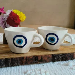 NIYARA White & Blue 2 Pcs Printed Ceramic Matte Mugs 320 ml-48