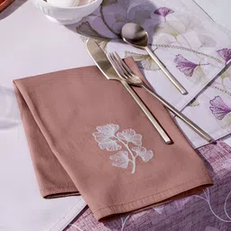 Eris Home Gingko Brown 4 Pieces Embroidered Pure Cotton Table Napkins-picture-51