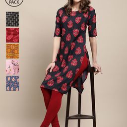 7Threads Women Pack Of 6 Multicoloured Geometric Printed Crepe Kurta-picture-1