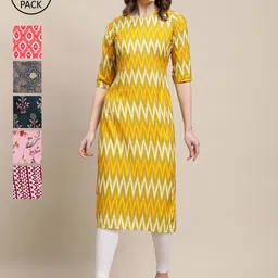 1 Stop Fashion Women Set Of 6 Yellow & Pink Ethnic Motifs Printed Crepe Kurta-image-96