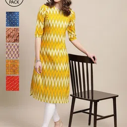 1 Stop Fashion Women Pack Of 6 Ethnic Motifs Printed Block Print Crepe Kurta-image-89
