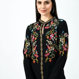 TAARAA Black Floral Embroidered Mandarin Collar Top-image-24