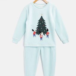 Cherry Crumble Kids Blue & Green Christmas Tree Applique Fleece Night Suit-image-4