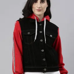 Campus Sutra Colourblocked Hooded Windcheater Cotton Denim Jacket-31