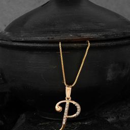 Silvermerc Designs Gold-Plated White CZ-Studded P-Shaped Contemporary Handcrafted Pendant With Chain-picture-27