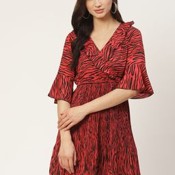 Antheaa Women Red & Black Animal Print Accordion Pleat Wrap Dress-picture-7