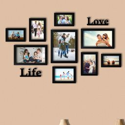 Random Set of 9 Black Solid Photo Frames With "Love-Life" Plaques-12