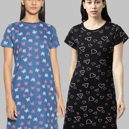 Kryptic Pack Of 2 Navy Blue & Black Printed Pure Cotton Nightdress-image-32