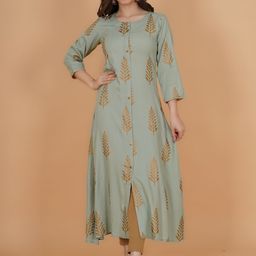 INDIANIC Floral Printed Round Neck A-Line Kurta-image-49
