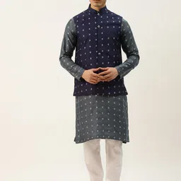 SOJANYA Men Charcoal Ethnic Motifs Kurta with Churidar & Nehru Jacket-picture-35