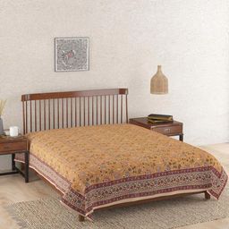 Fabindia Mustard-Yellow & Green Floral-Printed Cotton Double Queen Bed Cover-picture-3