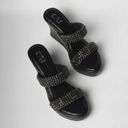 CAI Embellished Two Strap Open Toe Wedges-16