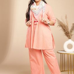 Janasya Plus Size Floral Self Design Mandarin Collar Pure Cotton A-Line Kurta & Palazzos-1