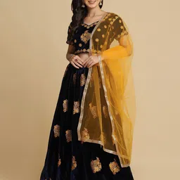 Warthy Ent Blue & Gold-Toned Embroidered Thread Work Semi-Stitched Lehenga & Unstitched Blouse With Dupatta-image-86