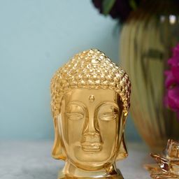 Pure Home and Living Gold-Toned Textured Ceramic Buddha Head With Base Showpiece-23