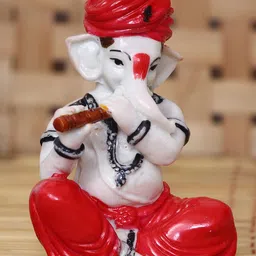 eCraftIndia Red & White Handcrafted Lord Ganesha Playing Flute Showpiece-5