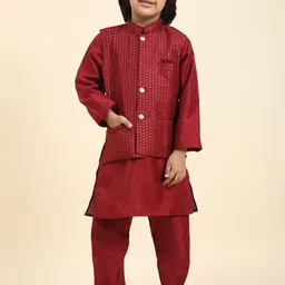 Pro-Ethic STYLE DEVELOPER Boys Jacquard Weave Pure Silk Kurta & Pyjamas With Nehru jacket-21