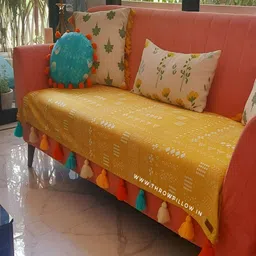 THROWPILLOW Mustard Yellow & White Printed Anti Slip Tassels Sofa Cover-31