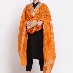 SOUNDARYA Orange & Red Striped Pure Cotton Leheriya Dupatta with Gotta Patti-picture-12
