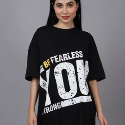DOOR74 Women Black Typography Printed Loose T-shirt-image-96
