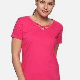 Trends Tower Women Magenta V-Neck Pure Cotton T-shirt-image-55