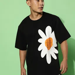 VEIRDO Black Floral Printed Pure Cotton Oversized T-shirt-image-53