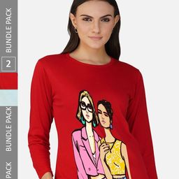 CHOZI Pack of 2 Graphic Printed Round Neck Long Sleeves Cotton T-Shirt-picture-31