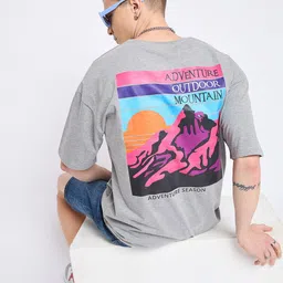 Mast & Harbour Grey Graphic Printed Drop-Shoulder Sleeves Cotton Casual Oversized T-shirt-image-23