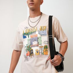 HIGHLANDER Cream Coloured Graphic Printed Drop Shoulder Sleeves Relaxed Fit T-shirt-image-28