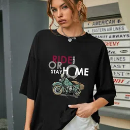 CHKOKKO Typography Printed Round Neck Extended Sleeves Oversized Cotton Casual T-shirt-image-14