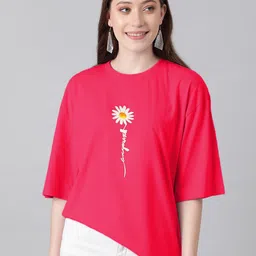 Kotty Floral Printed Round Neck Drop-Shoulder Sleeves Oversized Fit Cotton T-Shirt-image-74