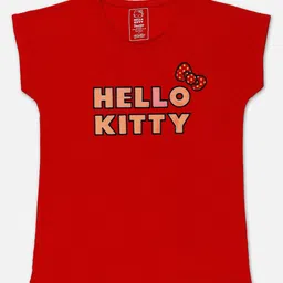 Kids Ville Girls Red Hello Kitty Printed Extended Sleeves Pure Cotton T-shirt-image-35