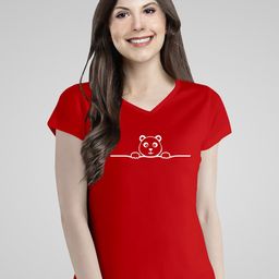 Pootlu Women Red Printed V-Neck Pure Cotton T-shirt-image-69