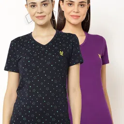 VIMAL JONNEY Pack-2 Women Navy Blue & Purple V-Neck T-shirt-image-88