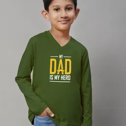 Friskers Boys Olive Green Typography Printed V-Neck Applique T-shirt-image-86