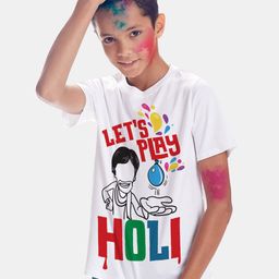BONKIDS Boys White & Red Holi Graphic Printed Cotton T-shirt-image-100