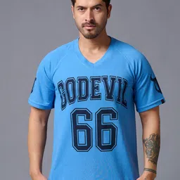GO DEVIL Varsity Printed Raglan Sleeve V-Neck Cotton T-shirt-image-69