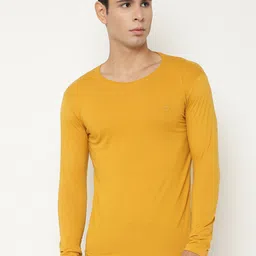 CHKOKKO Men Mustard Yellow Solid Cotton T-shirt-image-96