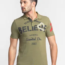 Being Human Typography Printed Polo Collar Applique T-shirt-image-52
