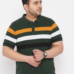 AUSTIVO Men Olive Green Striped Plus Size Polo Collar T-shirt-image-9