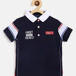 Chicco Boys Navy Blue & White Typography Colourblocked Polo Collar Pure Cotton T-shirt-image-23
