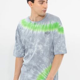 Snitch Grey & Green Dyed Drop-Shoulder Sleeves Round Neck Cotton T-shirt-image-60