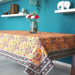 TARA- Sparkling Homes Yellow & Purple Floral Printed Pure Cotton 6 Seater Table Cover-31