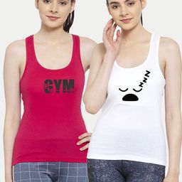 Friskers Pack Of 2 White & Pink Printed Cotton Tank Top-4