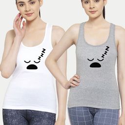 Friskers Women Pack Of 2 White & Grey Print Cotton Tank Tops-image-66