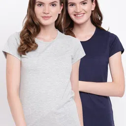 Kanvin Women Navy Blue & Grey Pack Of 2 Solid Lounge T-Shirts-image-99