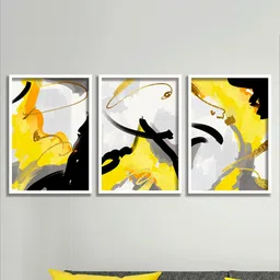 SAF Set Of 3 Yellow & White Digital Print Painting Frame Wall Art-image-40