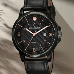 CARLINGTON Men Black Alloy Dial & Black Leather Straps Analogue Watch CT1050 Black-5