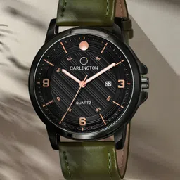 CARLINGTON Men Black Alloy Dial & Green Leather Straps Analogue Watch CT1050 Green-Black-8